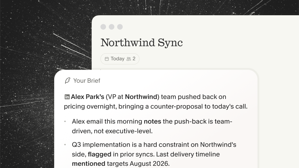 A Granola pre-meeting brief on a Northwind Sync note summarizing open threads before the call