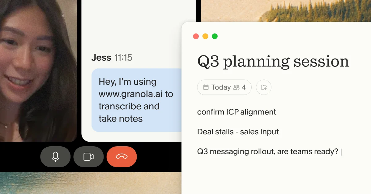 Google Meet-style call where Granola's automated chat message says it is transcribing and taking notes