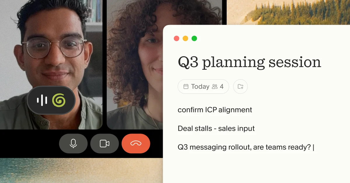 Video call with a Granola transcription badge on a participant's video so everyone knows notes are being taken