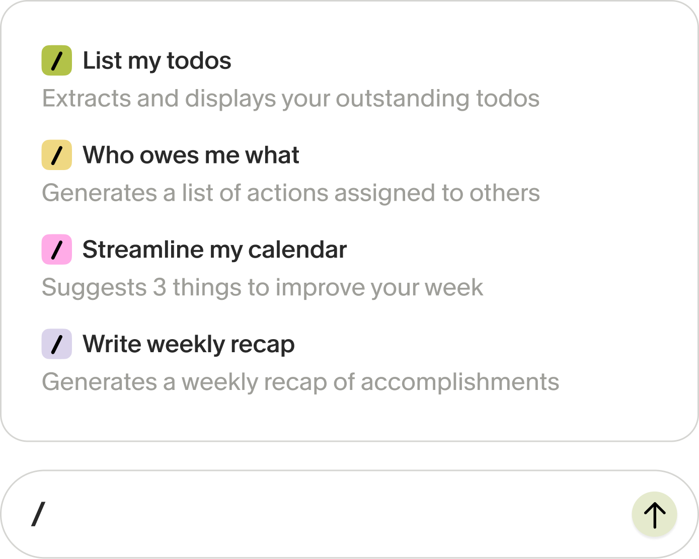 Granola Recipes menu opened by typing / in chat, showing List my todos, Who owes me what and Write weekly recap