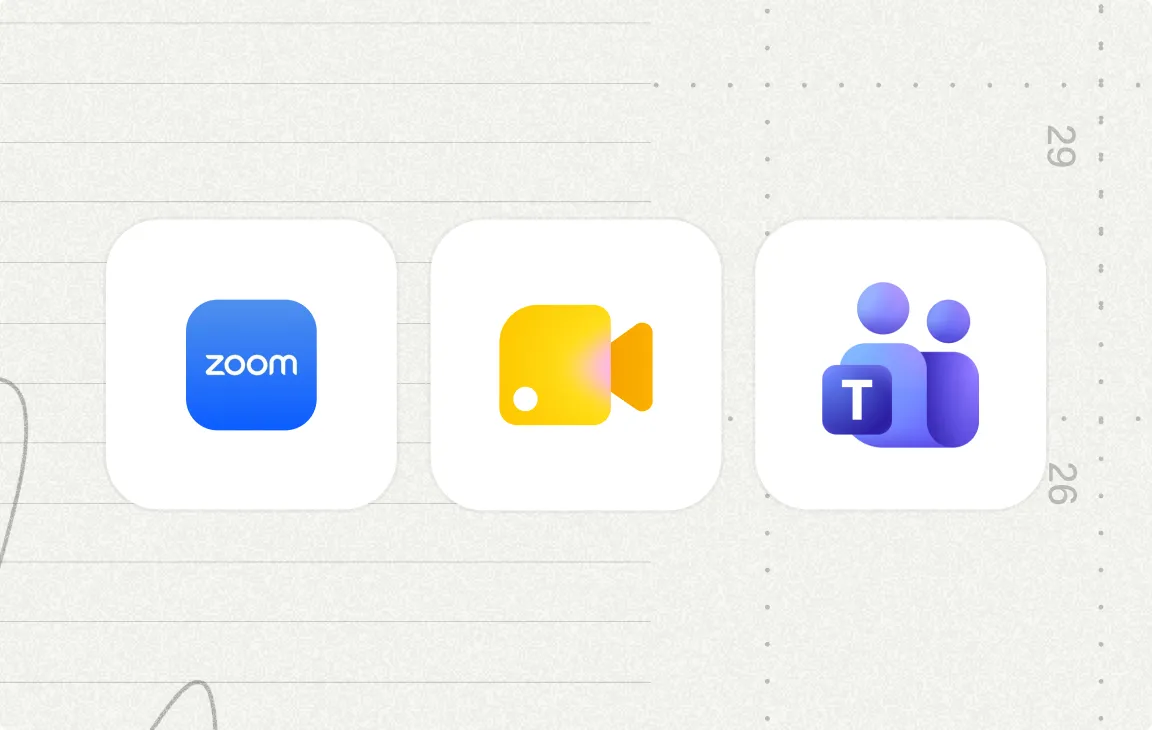 Zoom, Google Meet and Microsoft Teams app icons