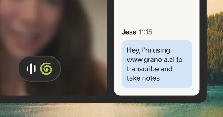 Granola badge and auto chat message telling a call that Granola is transcribing