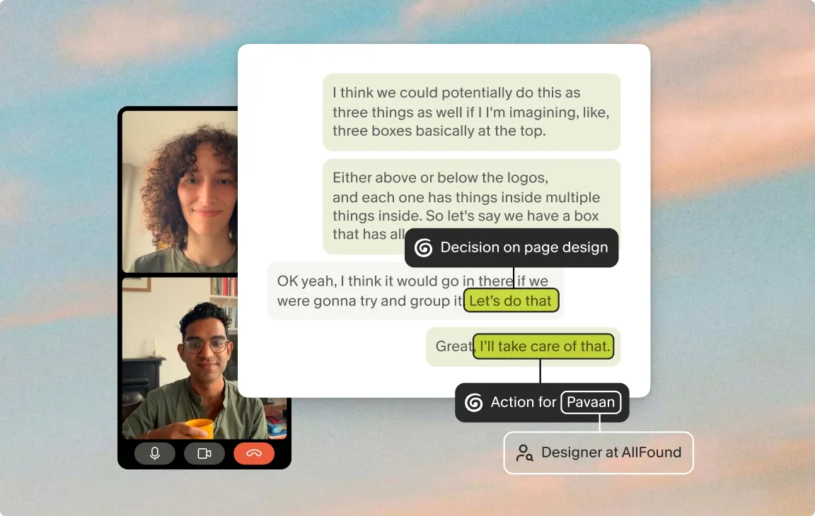Meeting transcript annotated by Granola with a decision on page design and an action item assigned to Pavaan