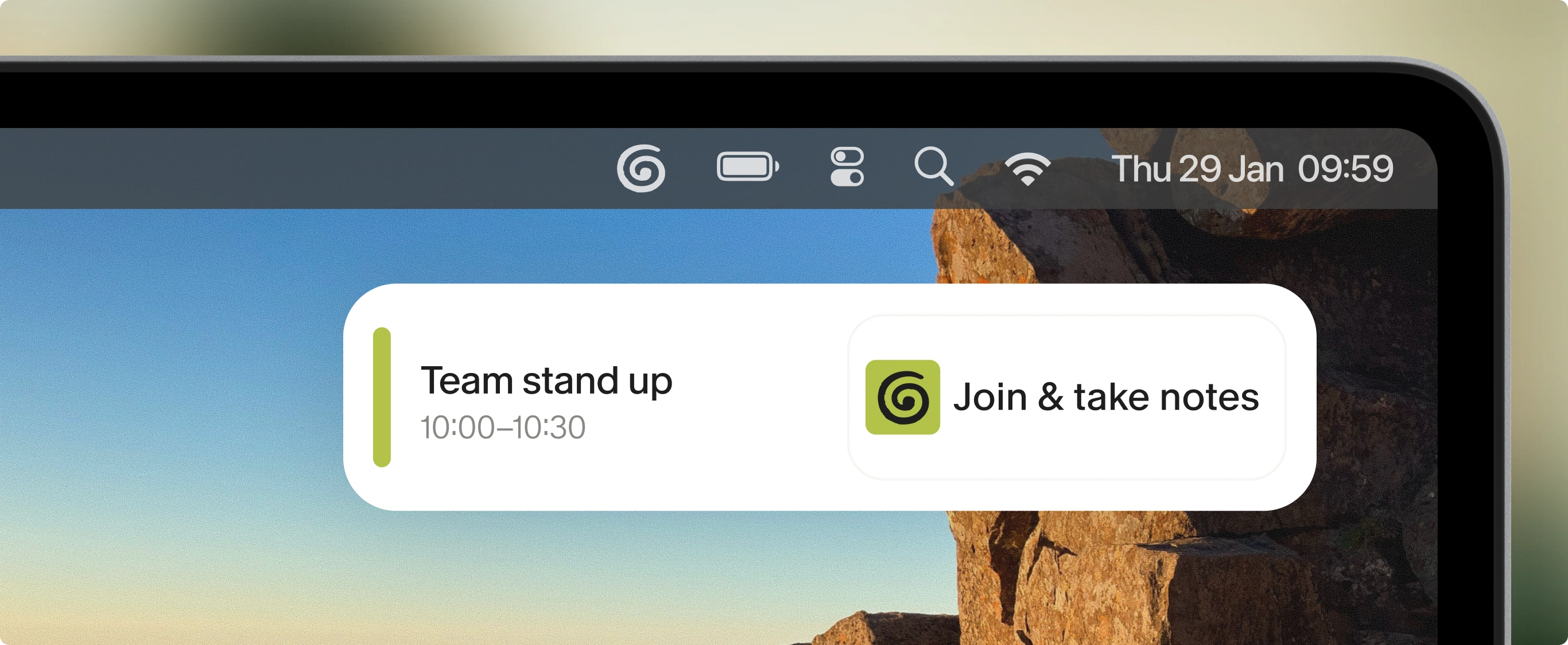 Granola menu-bar notification for an upcoming meeting with a Join & take notes button