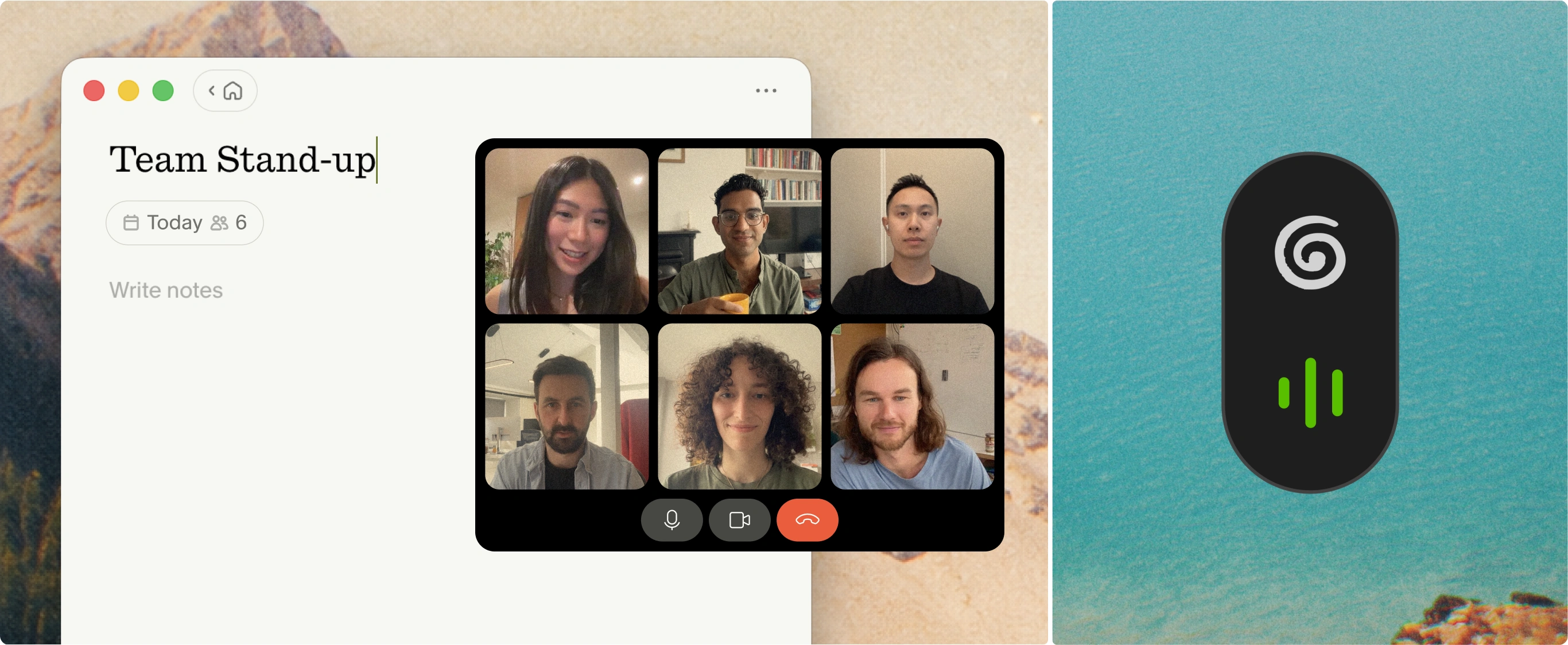 Granola note for a Team Stand-up open beside a six-person video call, with the floating Granola transcription pill