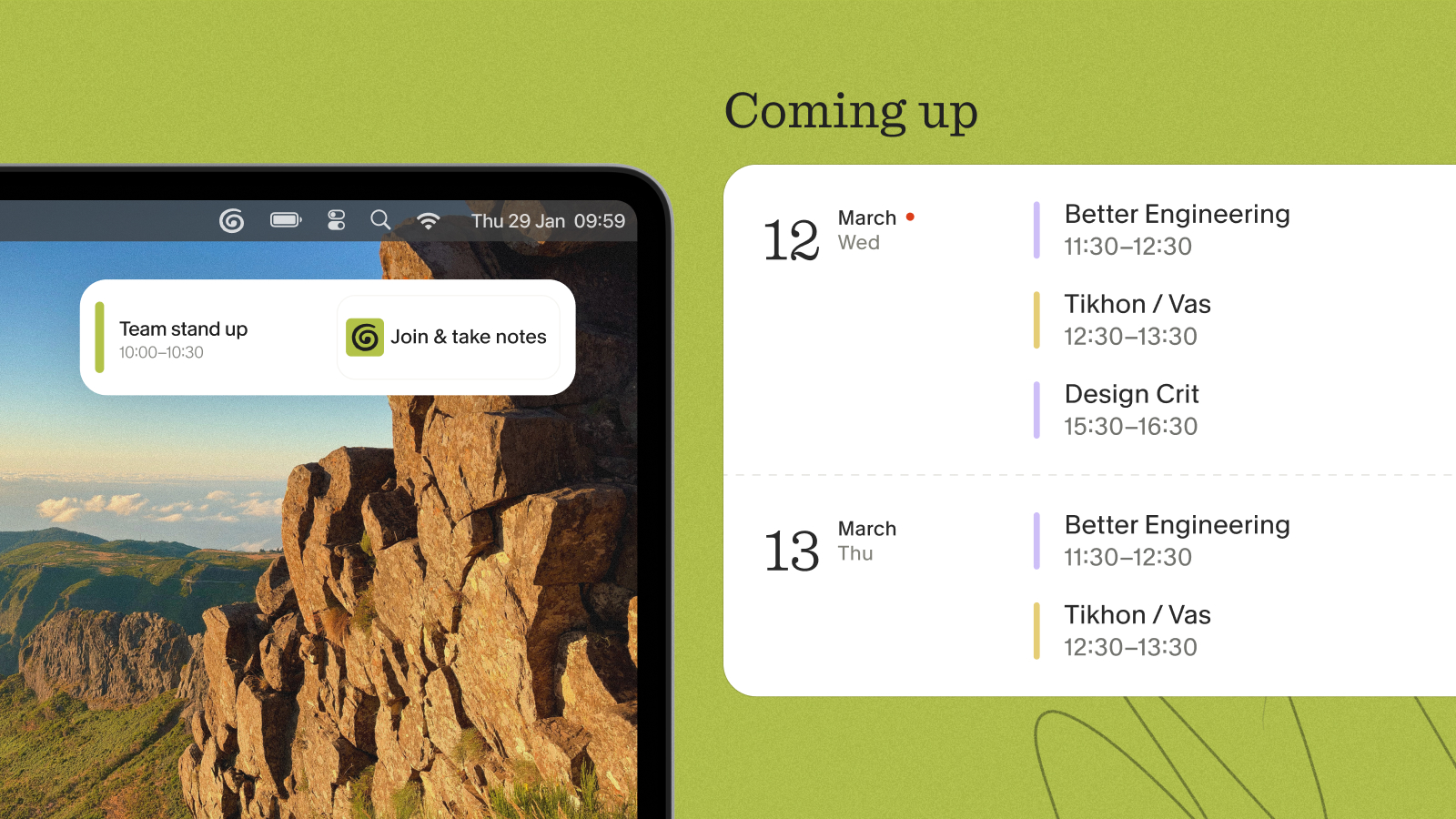 Granola prompting to join an upcoming meeting next to a Coming up list of synced calendar events
