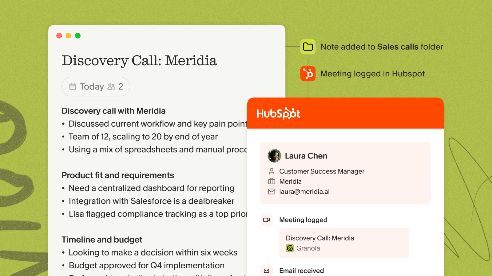 Granola enhanced discovery call notes alongside the HubSpot integration that syncs them to the CRM record