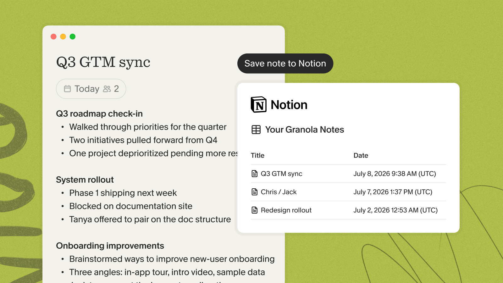 Granola note saved as a row in a Notion database of meeting notes