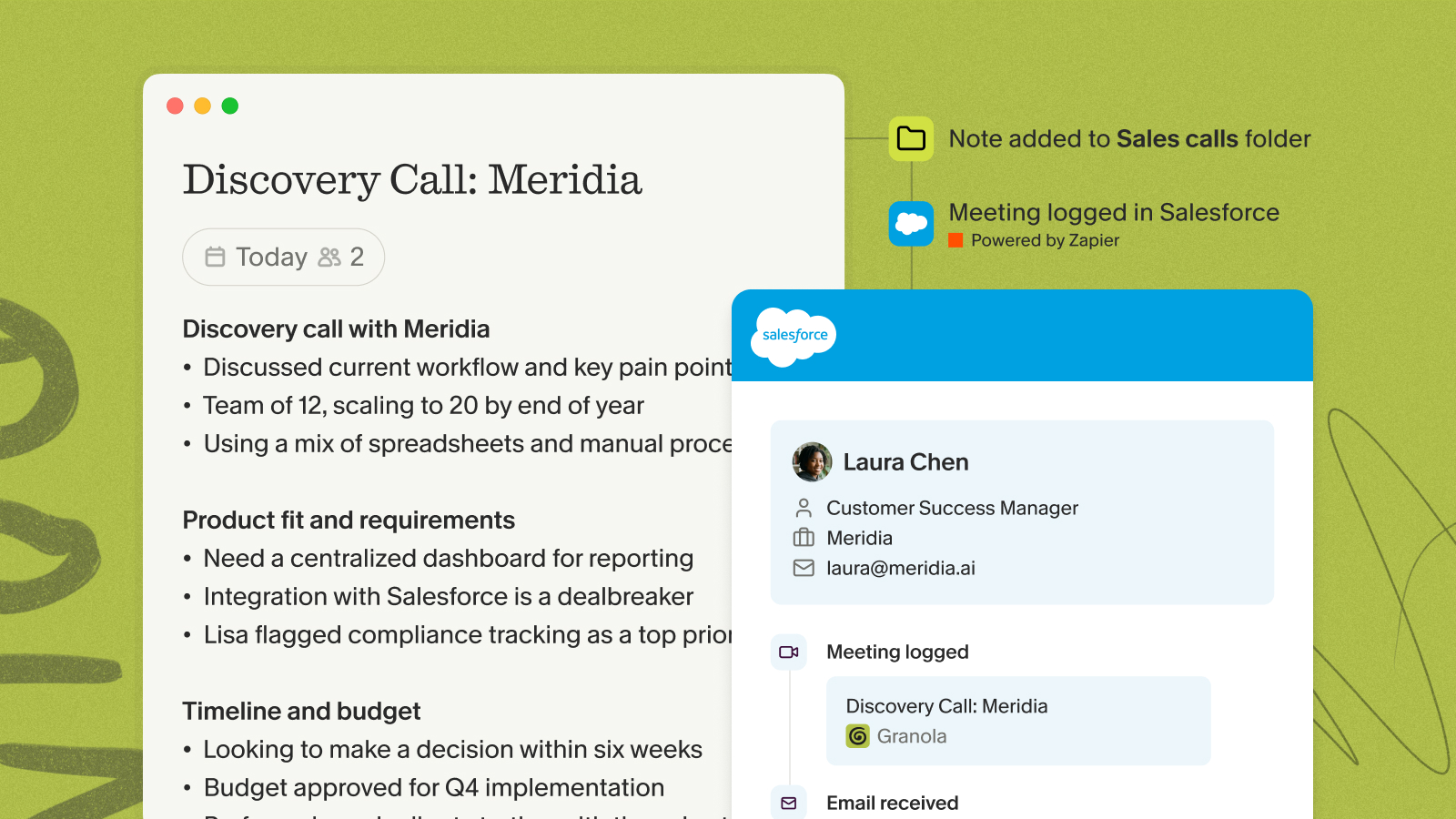 Granola call note added to a Sales calls folder and logged in Salesforce, powered by Zapier