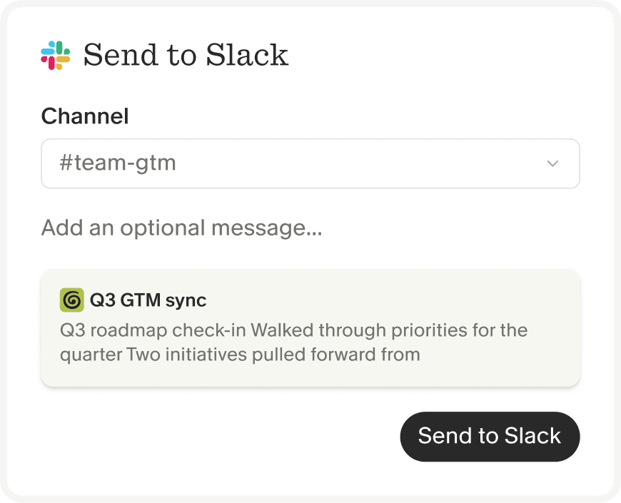 Granola Send to Slack dialog for posting a meeting summary to a team channel