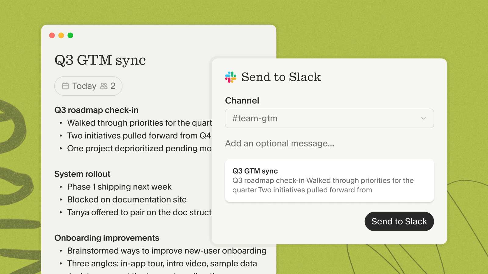 Granola 'Q3 GTM sync' note being sent to the #team-gtm Slack channel