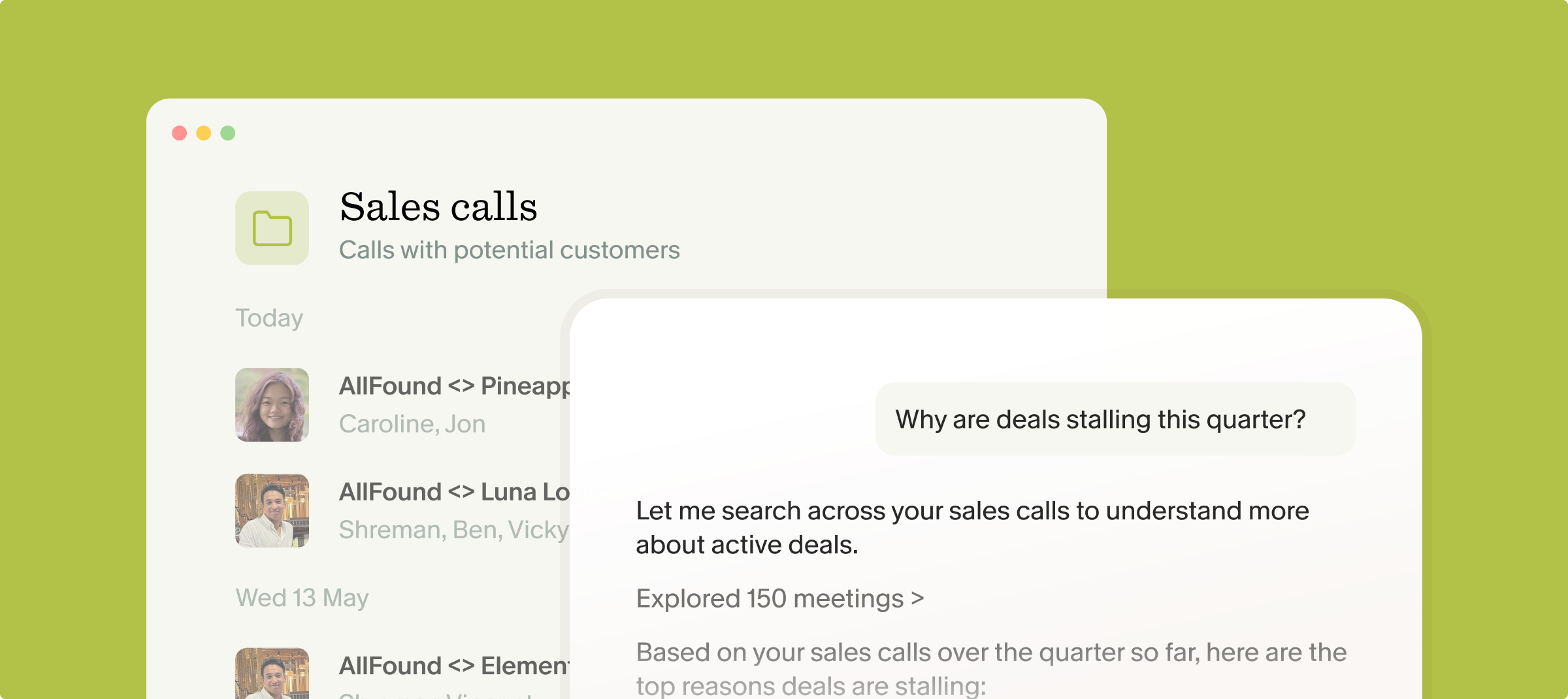 Granola chat querying a shared Sales calls folder to find why deals are stalling, with answers drawn from 150 meetings
