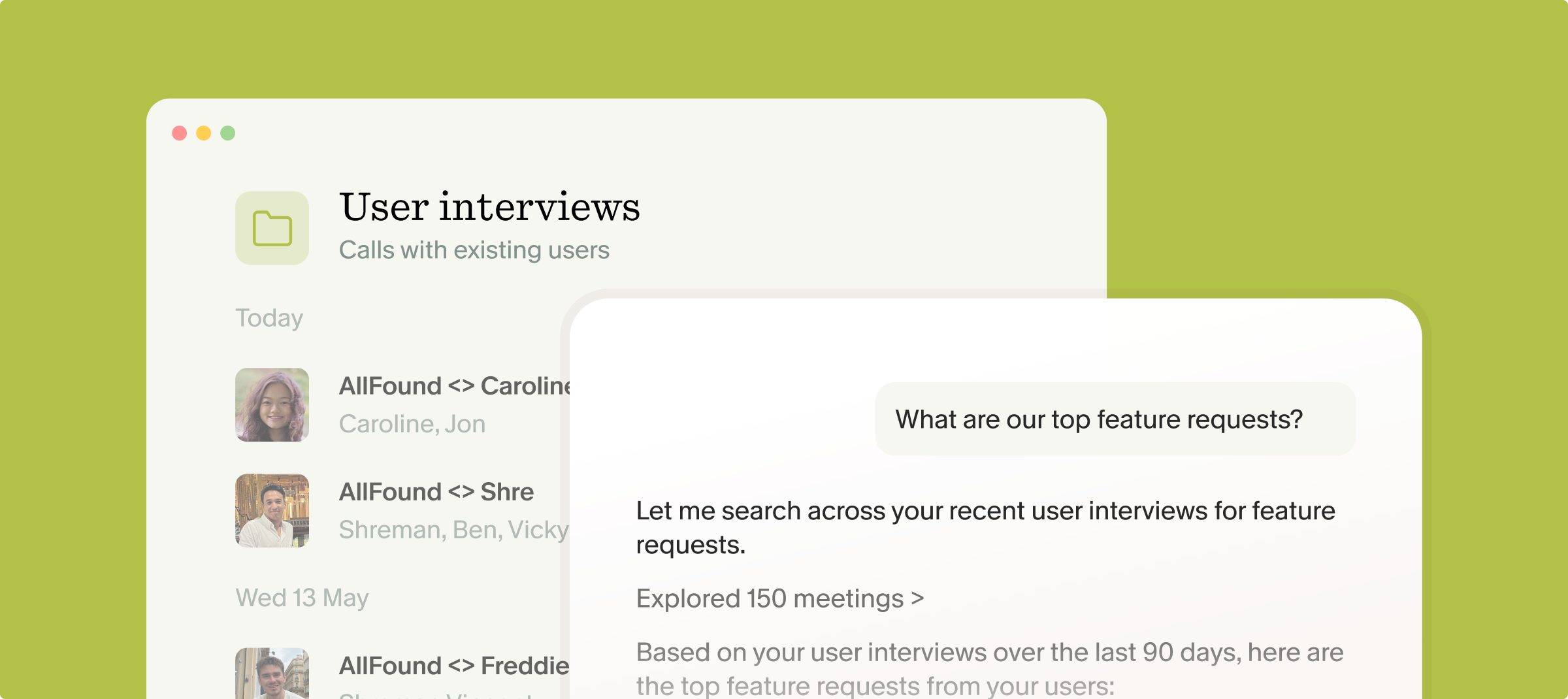 Asking Granola for the top feature requests across a User interviews folder