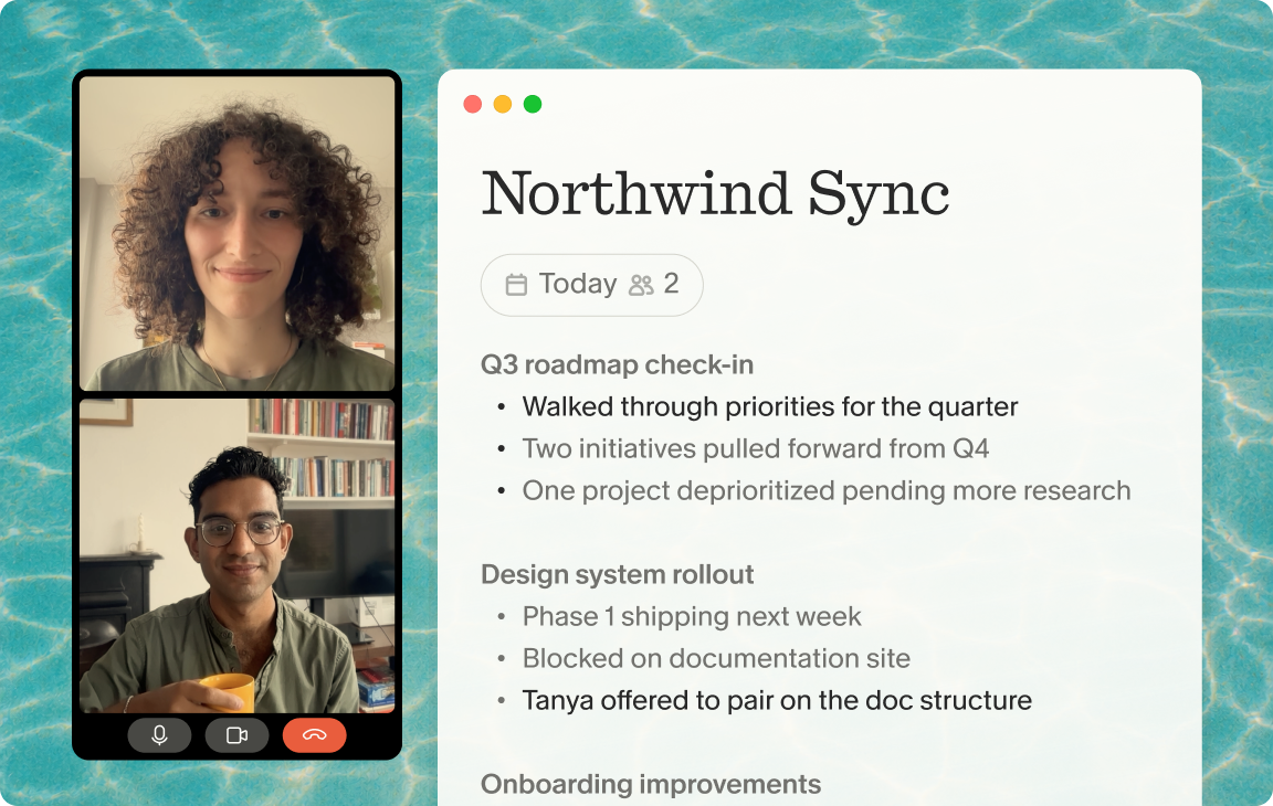 Video call next to a Granola 'Northwind Sync' note with roadmap bullets