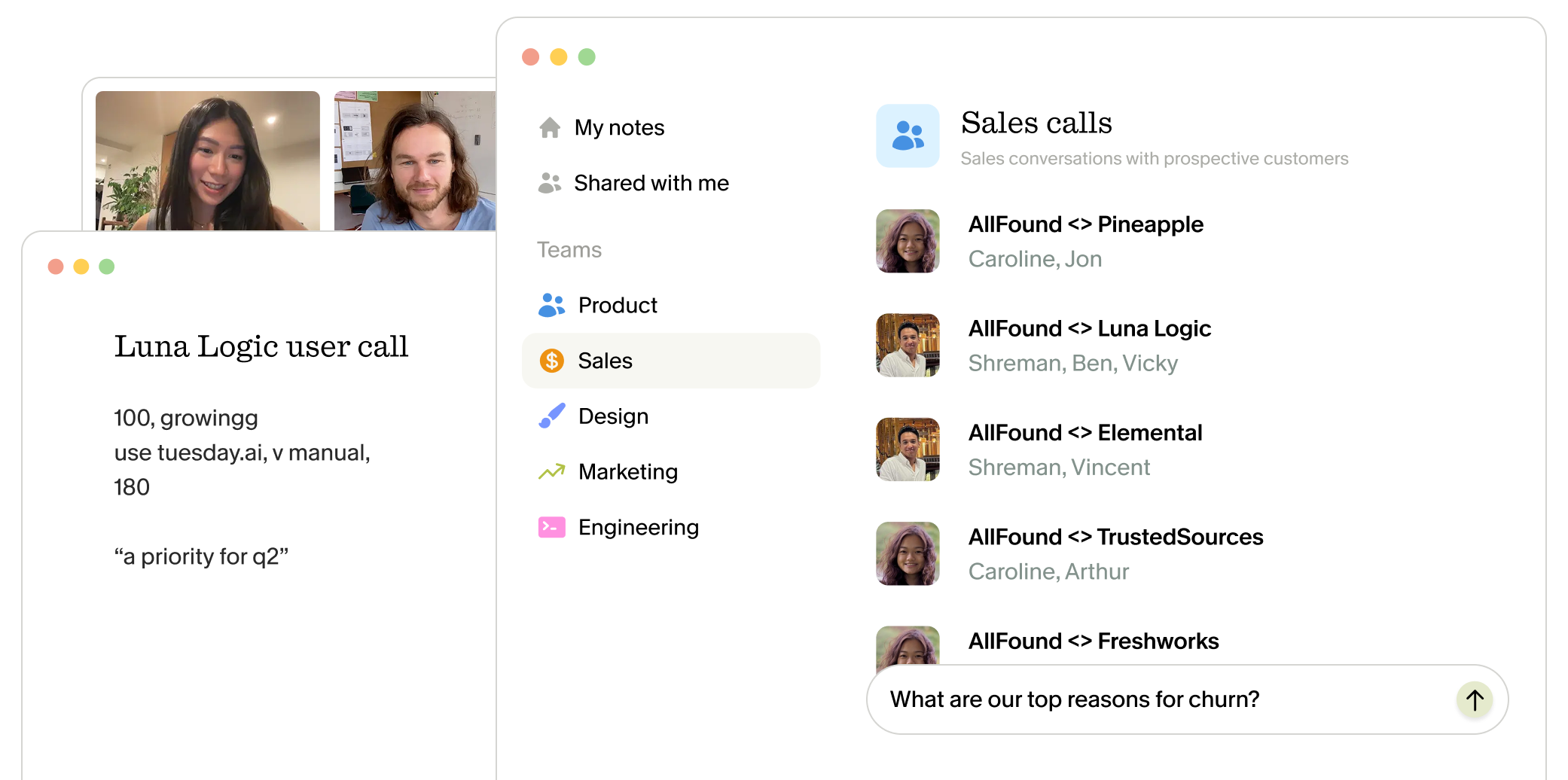 Granola Sales team space listing prospect calls, a rough note from a call, and a chat bar asking about churn